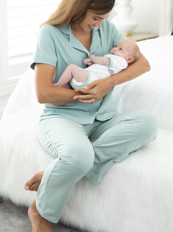 Main view - Maternity & Nursing Button Front Pajama Set in Sage with baby (6659036840030)