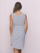 Maternity Button Front Drawstring Summer Dress - Stripes - Angel Maternity USA