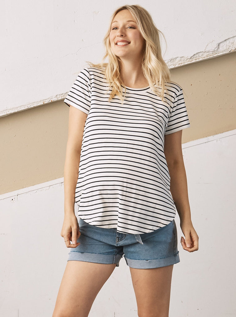 Front view - A Pregnant Woman in Navy Stripe Basic Maternity Bamboo/Cotton T-shirt  smiling (6709416460391)