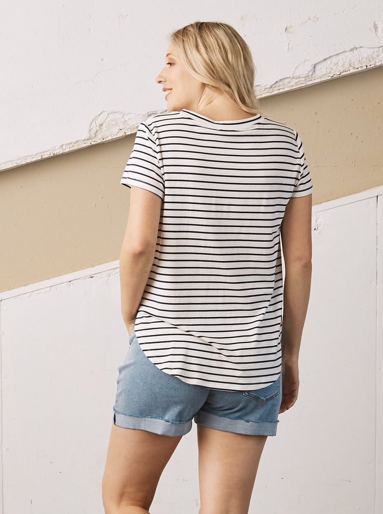 Back view - A Pregnant Woman in Navy Stripe Basic Maternity Bamboo/Cotton T-shirt  (6709416460391)