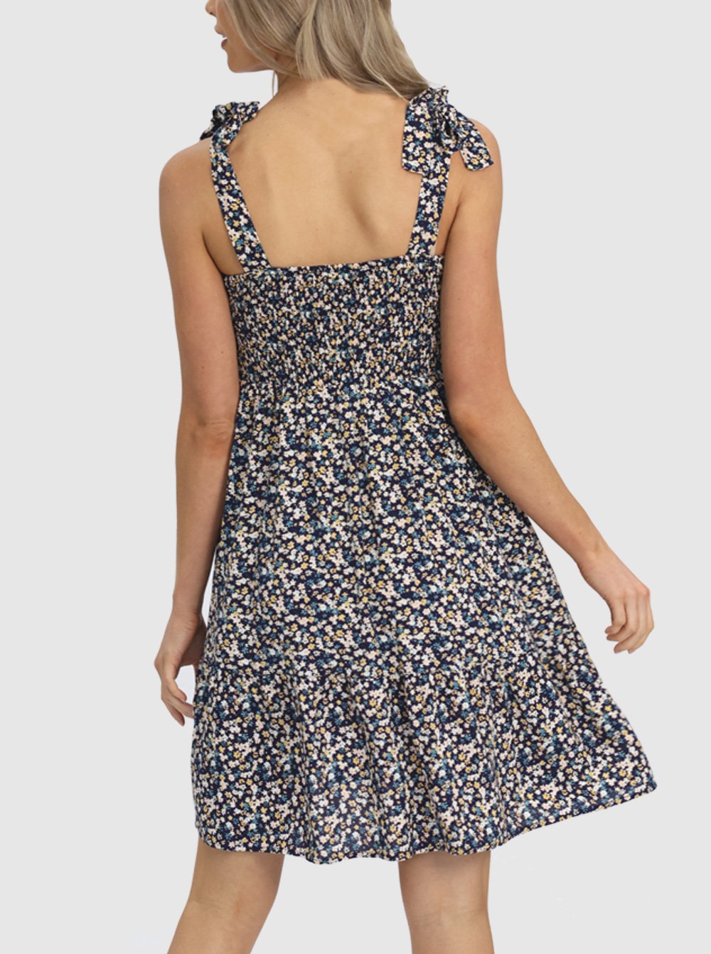 Back view - Summer Shirred Floral Maternity Sun Dress - Shoulder Tie (6639694938206)