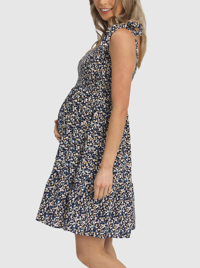 Side view - Summer Shirred Floral Maternity Sun Dress - Shoulder Tie (6639694938206)