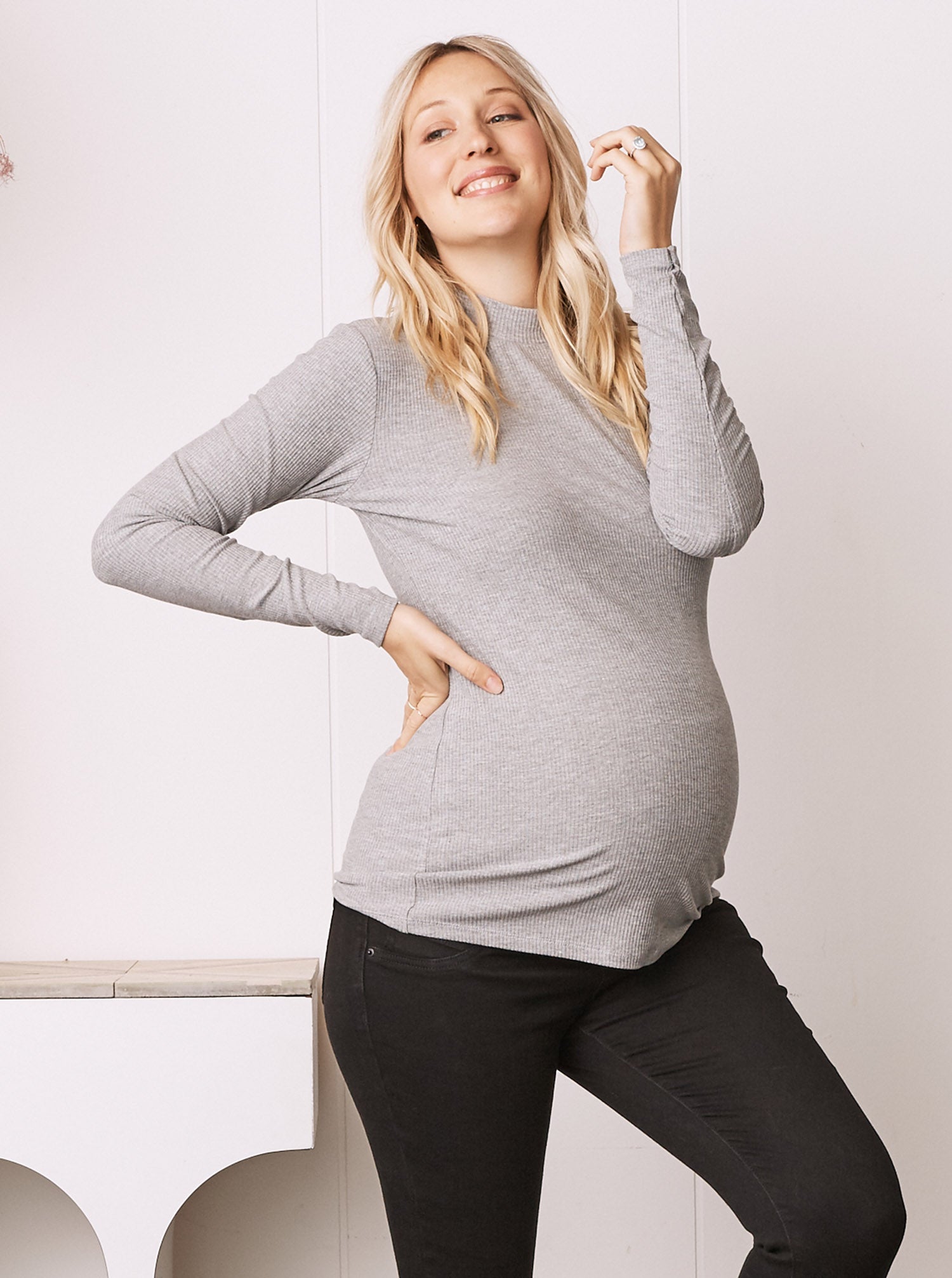 Winter Ribbed Turtle Neck Maternity Top in Marl Grey - Angel Maternity USA