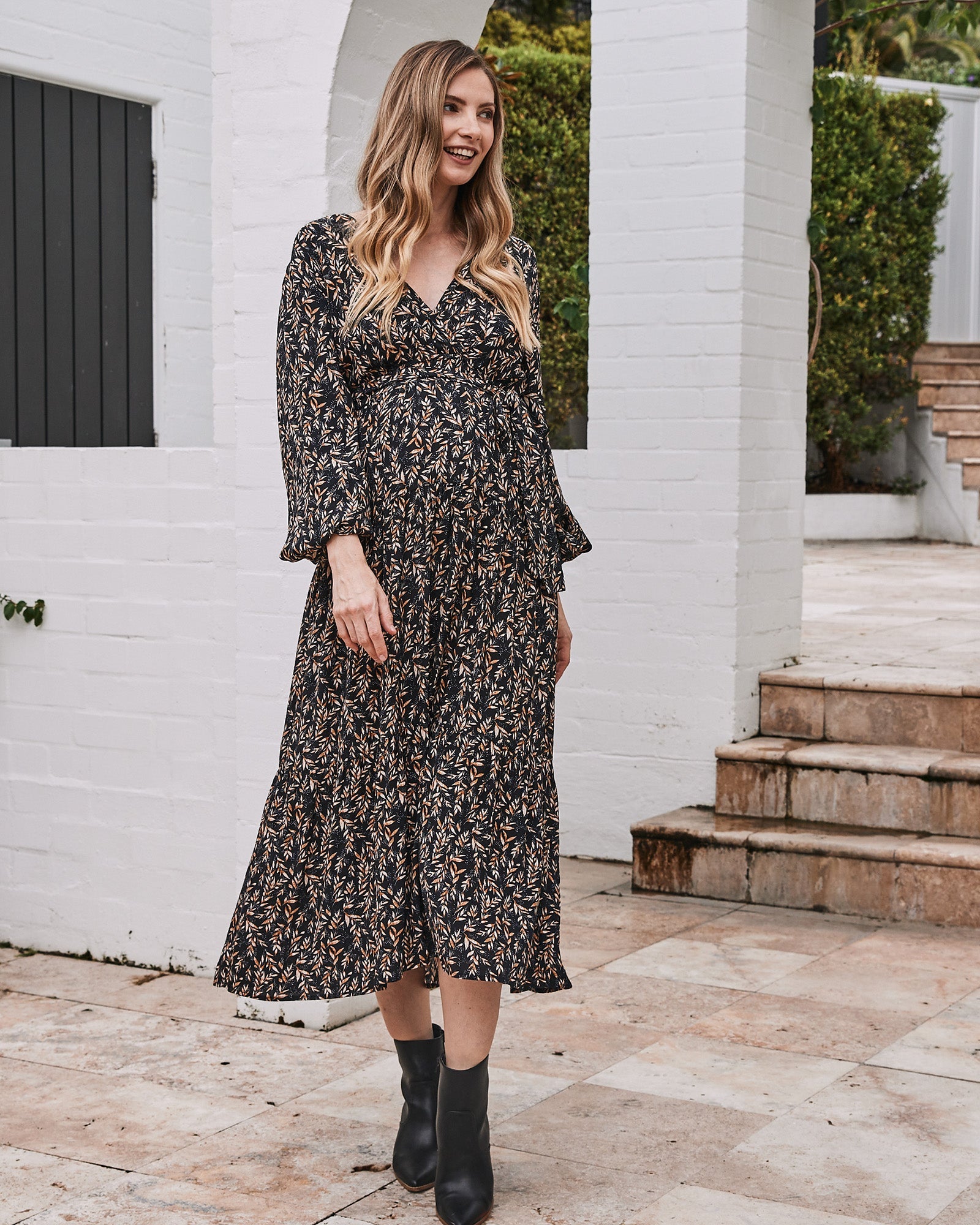 Lauren Maternity V Neck Floral Dress In Navy - Angel Maternity USA