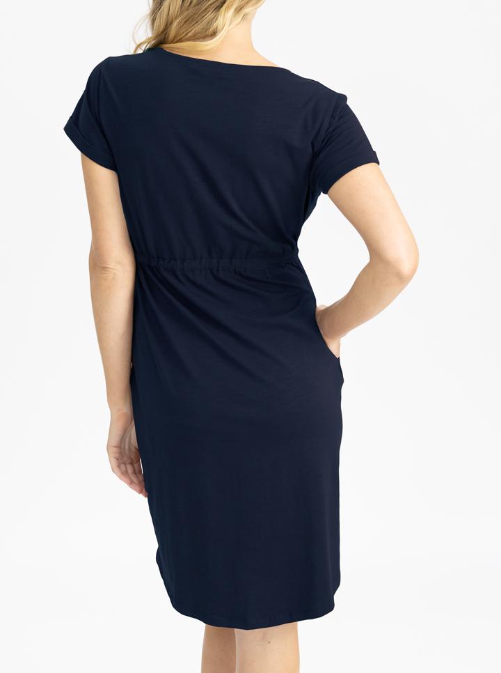 A woman in zipper drawstring navy maternity nursing dress, back (4801470070878)